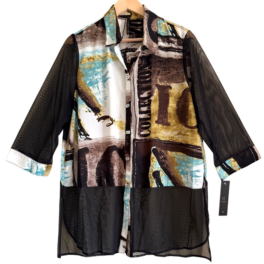 IC By Connie K Multicolored Artsy Art-To-Wear Semi-Sheer Chiffon Tunic Sz XL NWT - Picture 6 of 10